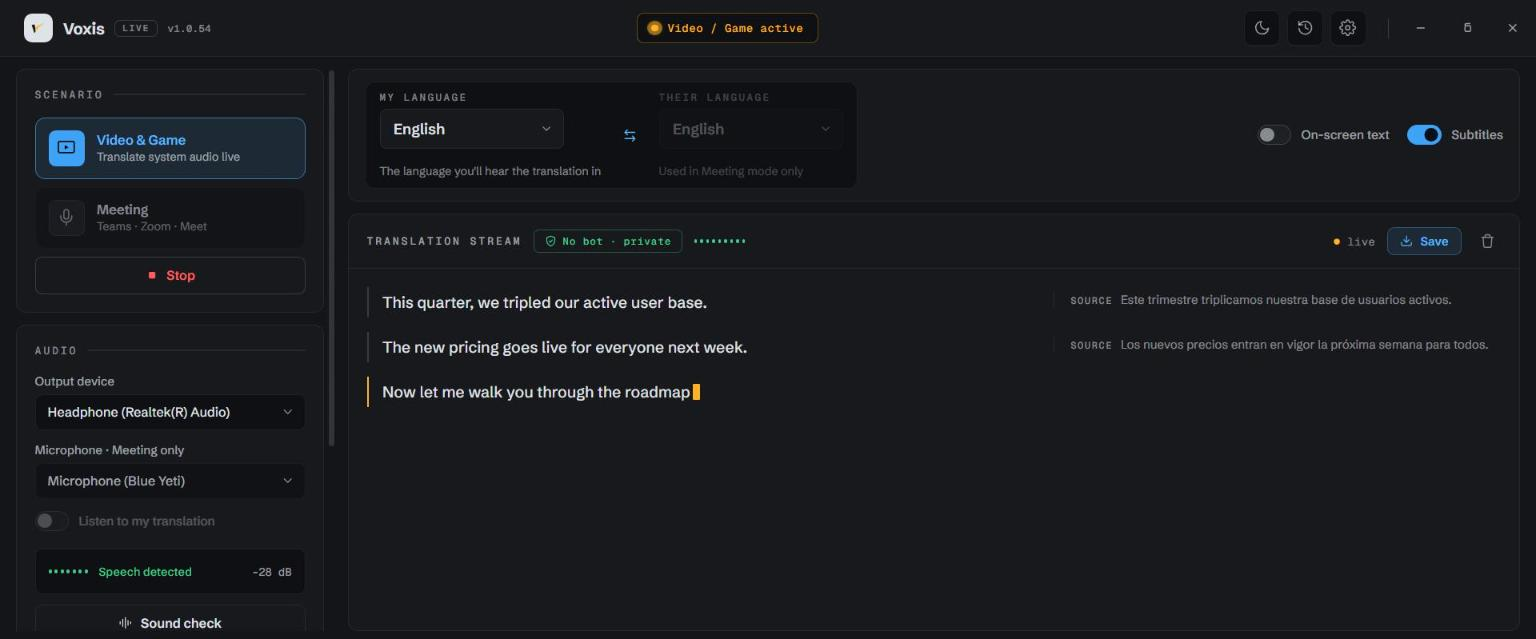 VoxisLive translating a video with a live bilingual transcript
