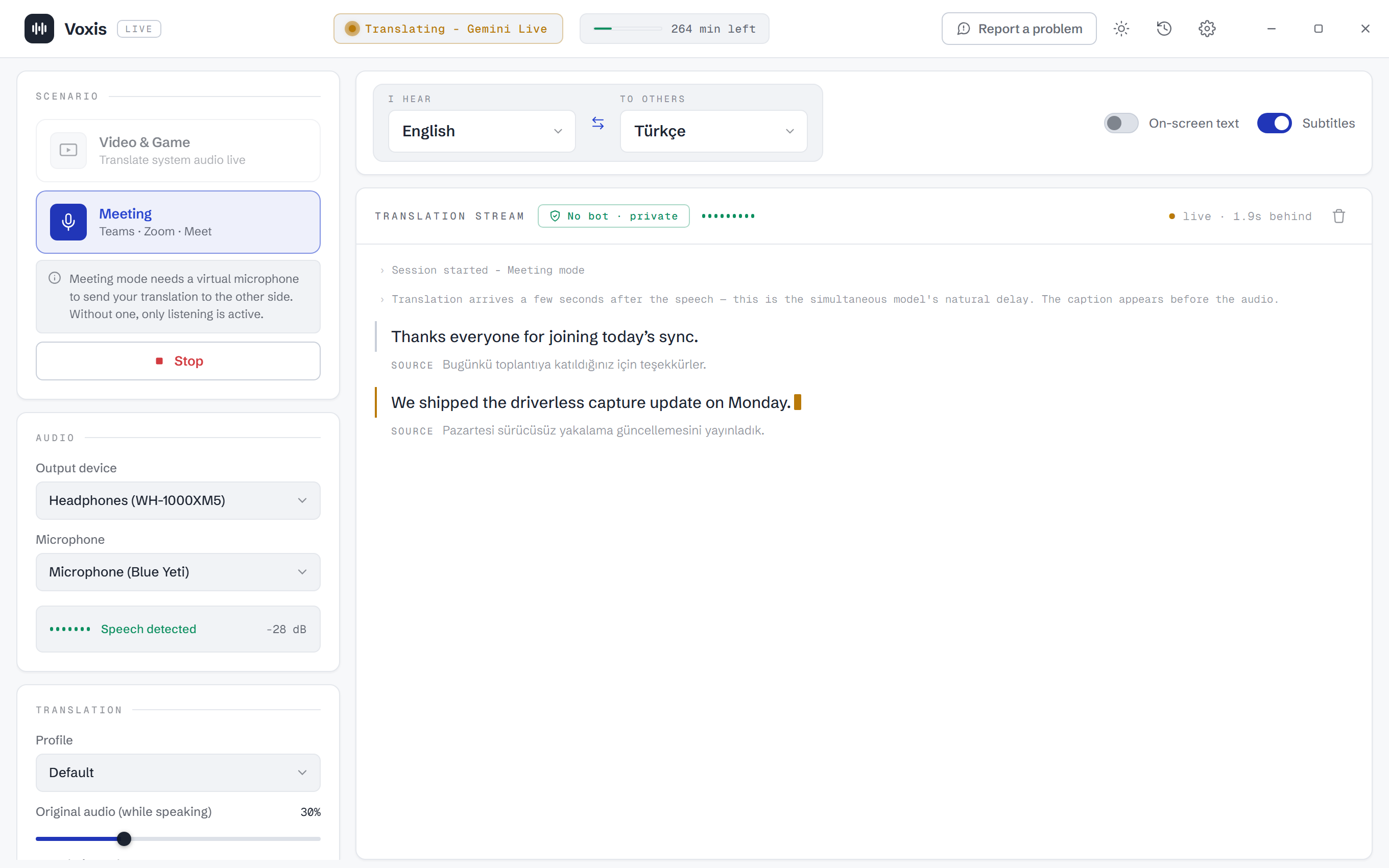 VoxisLive Meeting mode in the light theme