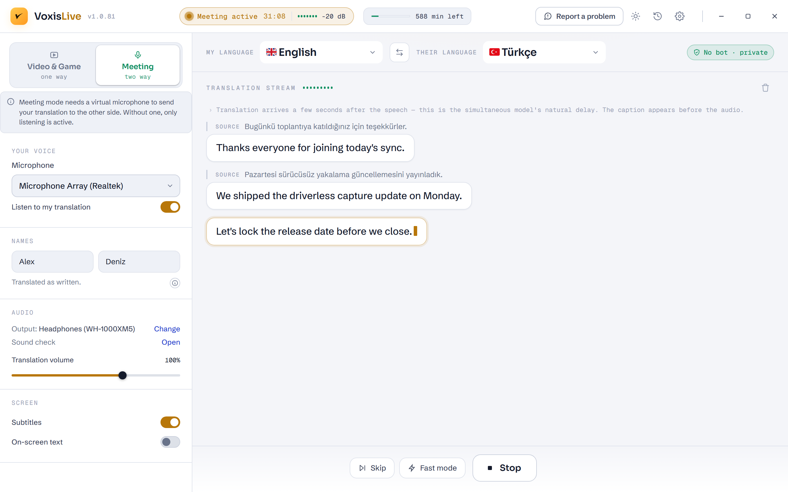 VoxisLive Meeting mode in the light theme