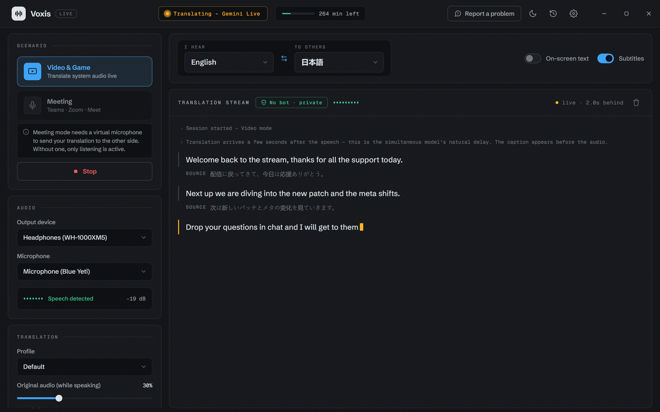 VoxisLive translating a live stream in real time