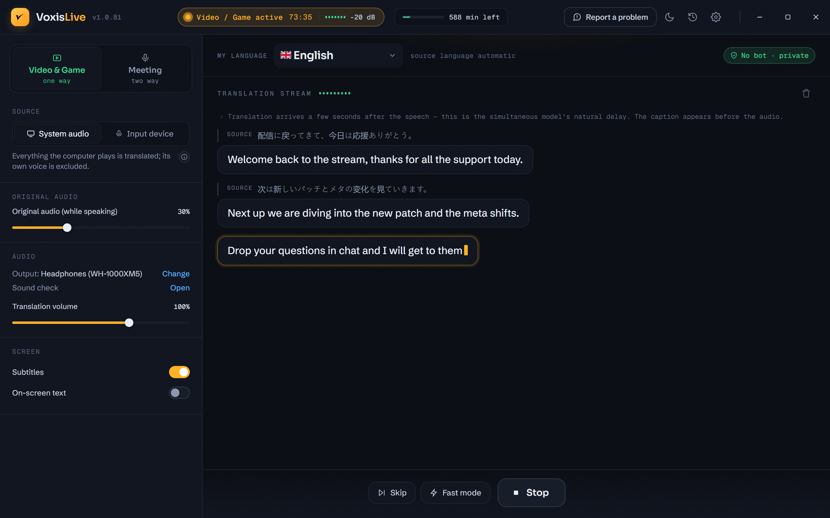 VoxisLive translating a live stream in real time